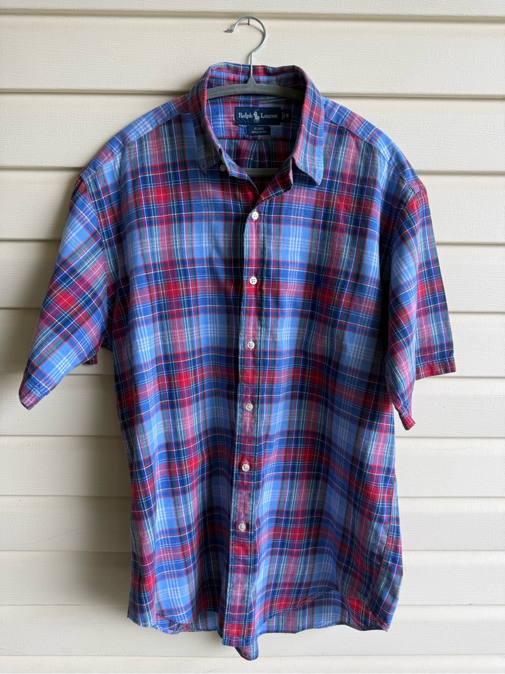 Men’s Ralph Lauren Blue & Red Plaid Short-Sleeve Button-Up medium 100% cotton